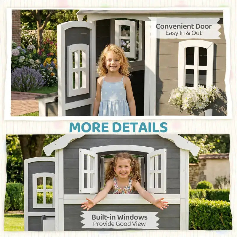Outsunny Outdoor Wooden Playhouse for Kids with Floor, Door, Windows, Planter Box for 3-8 Years Old, Backyard, Lawn, Garden from PriceLows™
