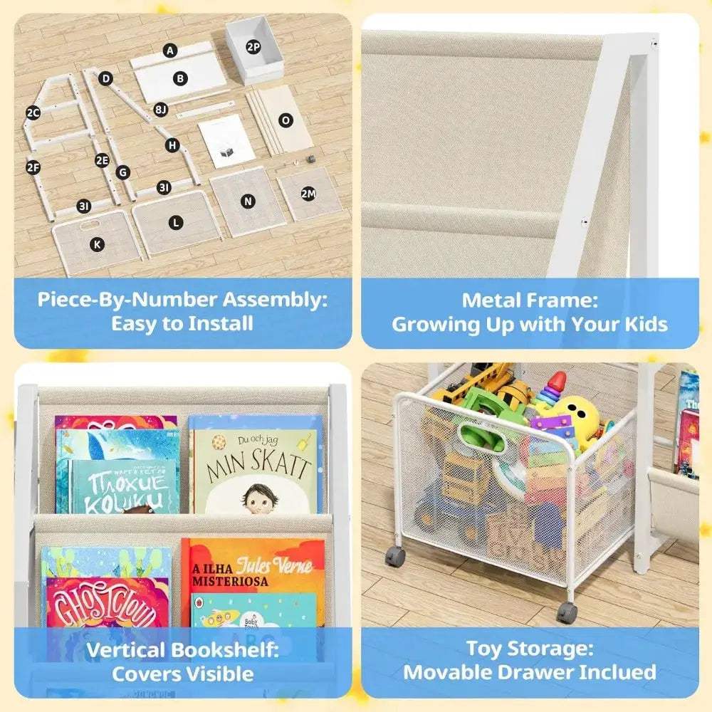 3-Tier Bookshelf with Toy Storage Bins and Drawer, White from PriceLows™