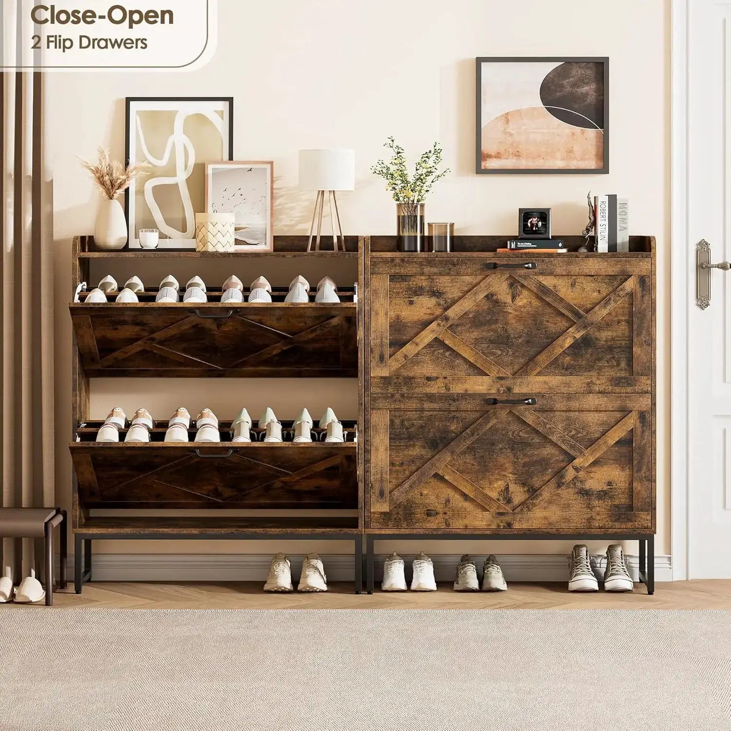 Shoe Cabinet Organizer with 2 Flip Drawers, Narrow Storage Rack with Metal Legs, Slim Entryway Furniture, Rustic Brown from PriceLows™