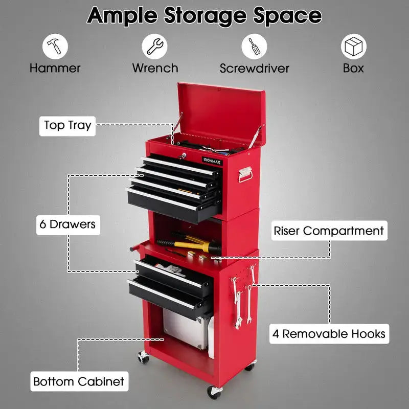 6-Drawer Tool Chest with Heightening Cabinet-Black & Red from PriceLows™