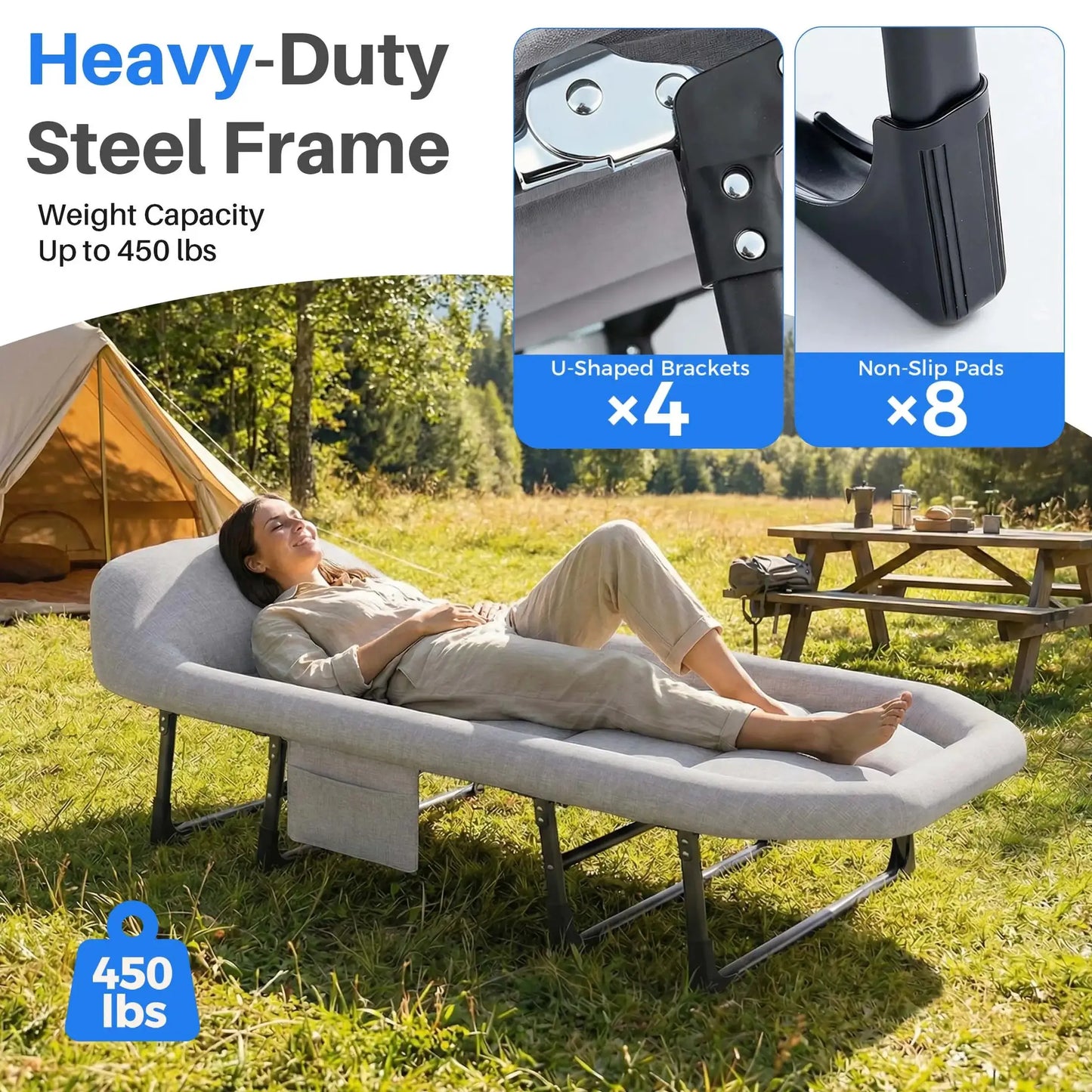 Folding Camping Bed | Mattress Included | 450 Lbs Capacity | Carry Bag Included