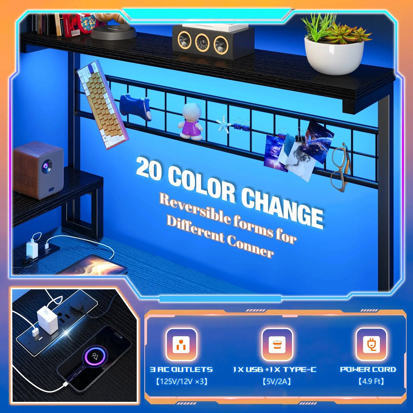 EnHomee 63.5"W L Shaped Gaming Desk with Power Outlets, LED Lights, Monitor Stand & Shelves for Home Office from PriceLows™