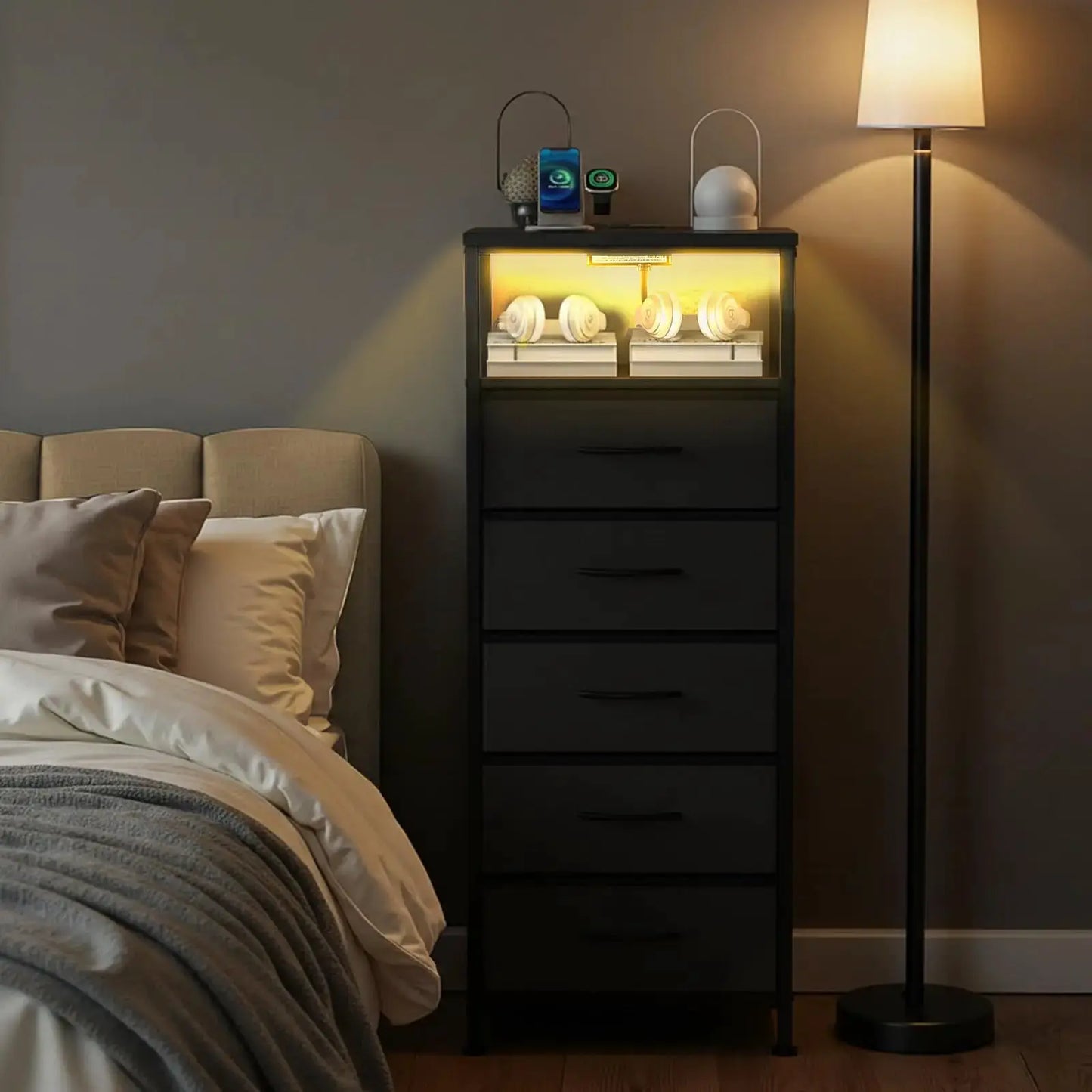 JHK 5 Fabric Drawers Dresser For Bedroom Nightstand with Charging Station and Outlets Adjustable Feet and Variable Light Strip from PriceLows™