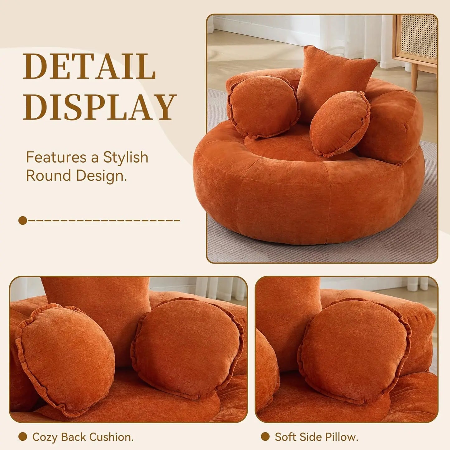 Oversized Round Floor Chair | Chenille Fabric | 43 Inch Diameter | Customized