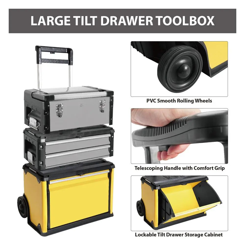 Stackable Portable Metal Tool box Organizer with Wheels and 2 Drawers, Rolling right Trolley Tool Chest for Garage or Worksho from PriceLows™