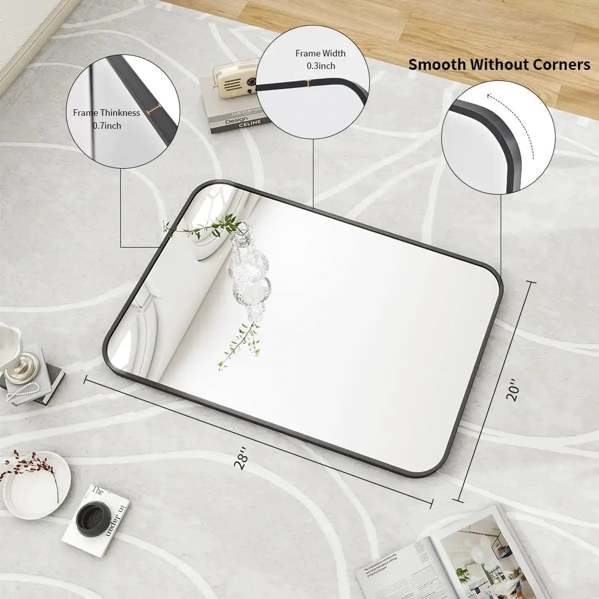 20" x 28" Rectangular Aluminum Alloy Frame Wall Mounted Bathroom Mirror with Rounded Corners from PriceLows™