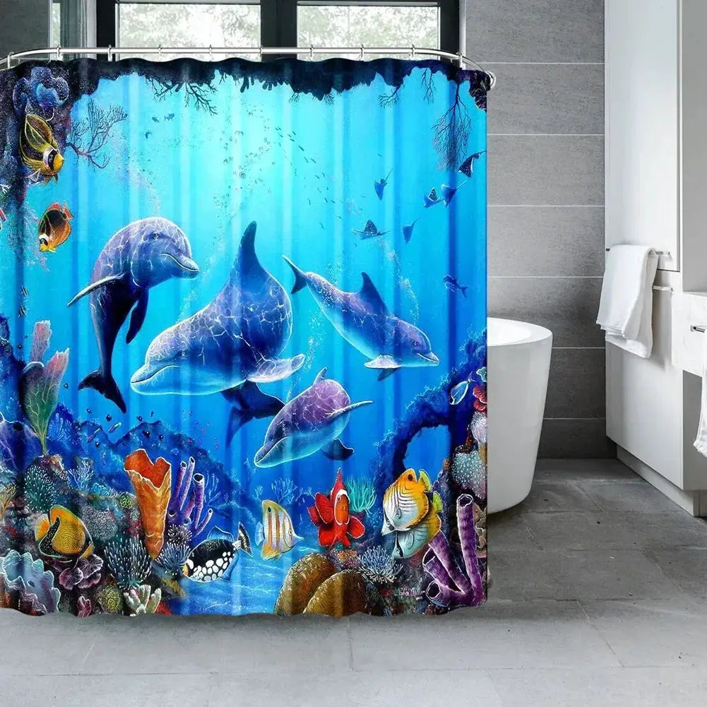 Ocean Underwater World Shower Curtains Set Dolphin Animal Cheerful Marine Life Scenery Polyester Fabric For Kids Bathroom Decor from PriceLows™
