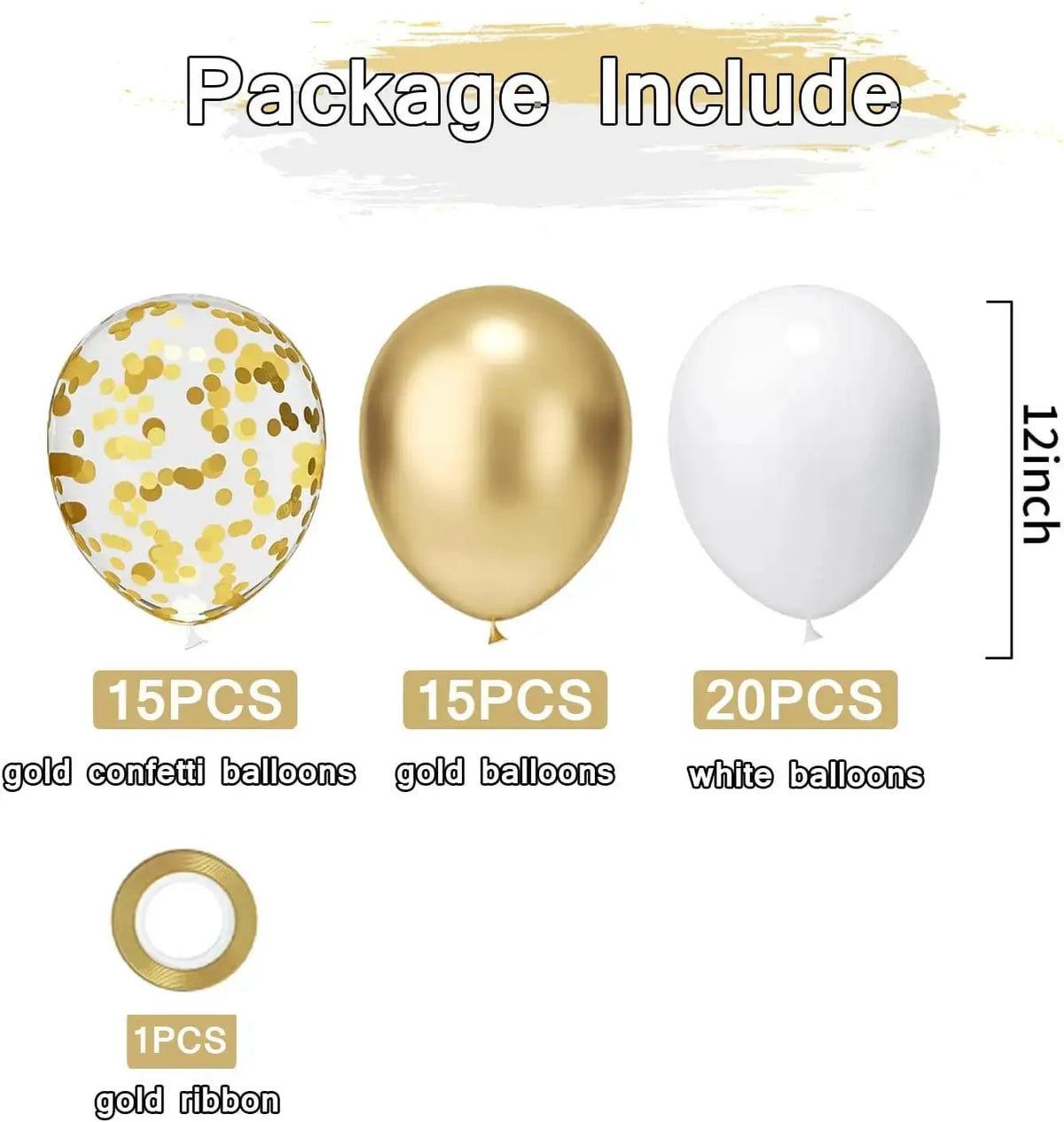 Latex Round Balloons | White And Gold Color | 12 Inch Size | 50 Pack Set
