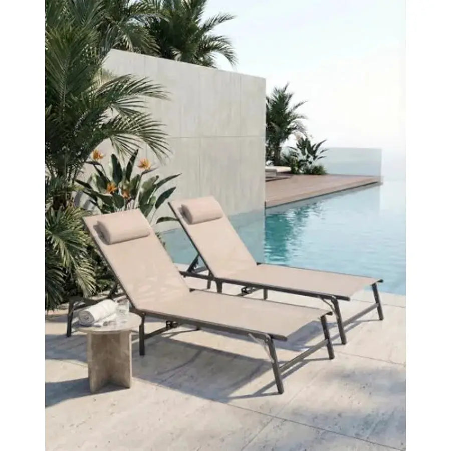 Outdoor chaise lounge chair for poolside, beach, patio use; khaki fabric; foldable, assembly-free design with cup holder, detac from PriceLows™