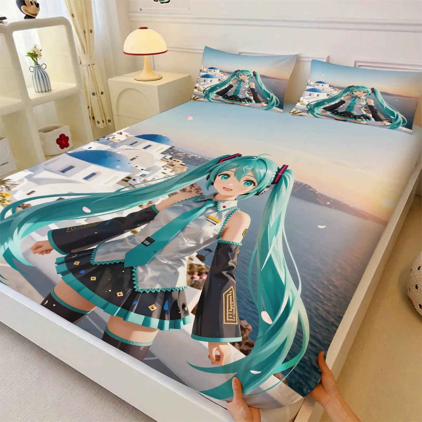 3Pcs Hatsune Miku Fitted Sheet Set with 2 Pillowcases Ice Palace Anime Bedding Set Soft Deep Pocket for Fan & Teen Bedroom Decor from PriceLows™