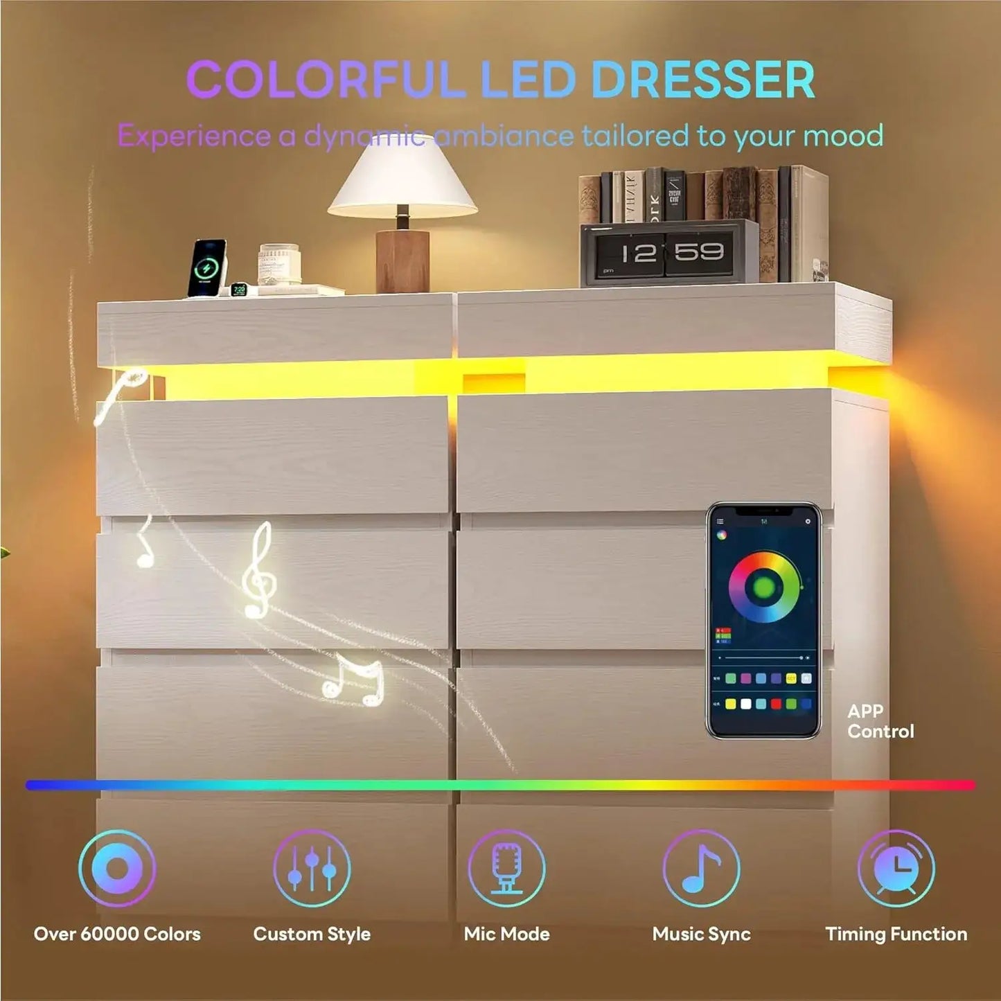 Dresser | LED Lighting | Power Outlet | 54 Inch 5 Drawer Wooden Chest