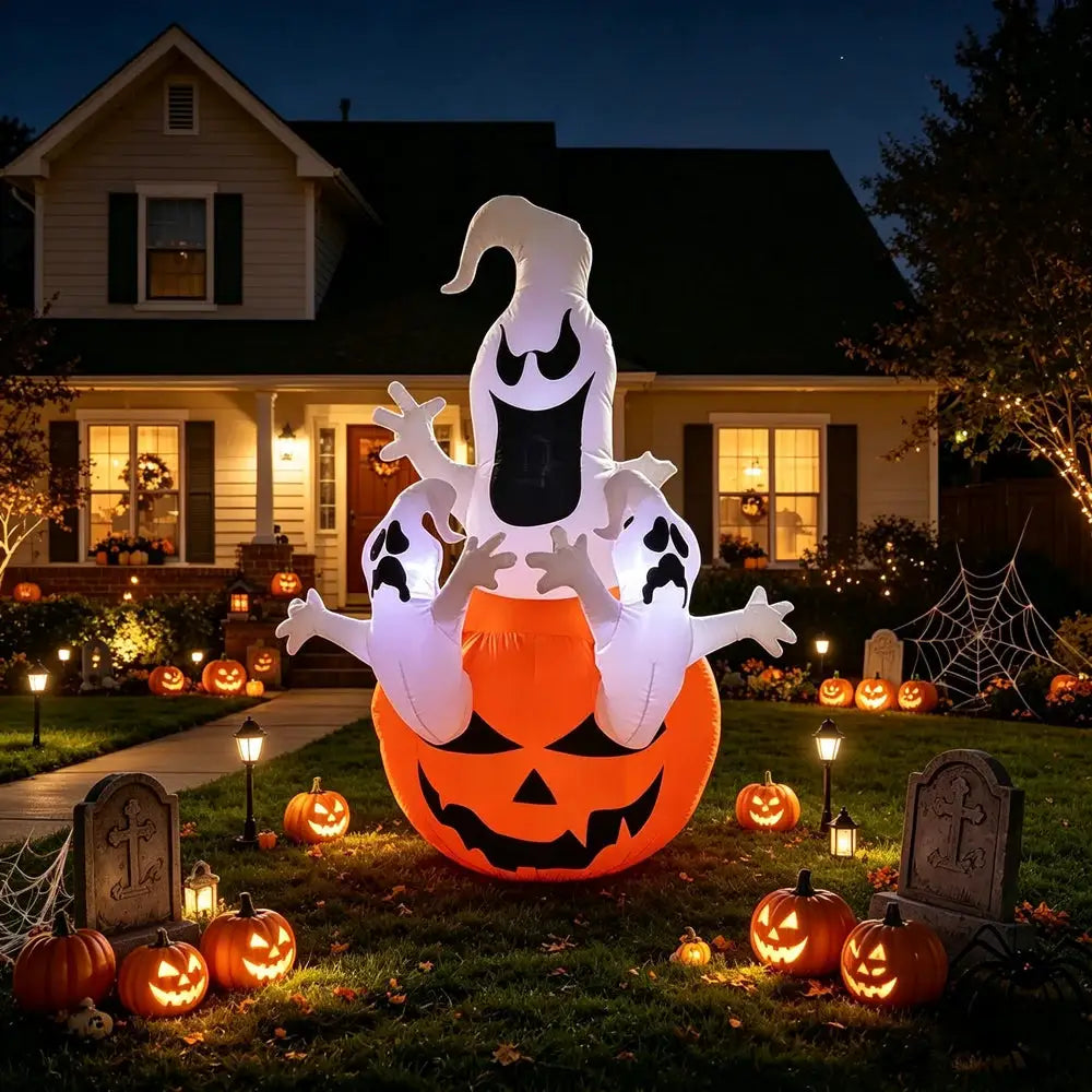 Ghost On Pumpkin Inflatable | 4 Ft Yard Decoration | Weather Resistant Fabric