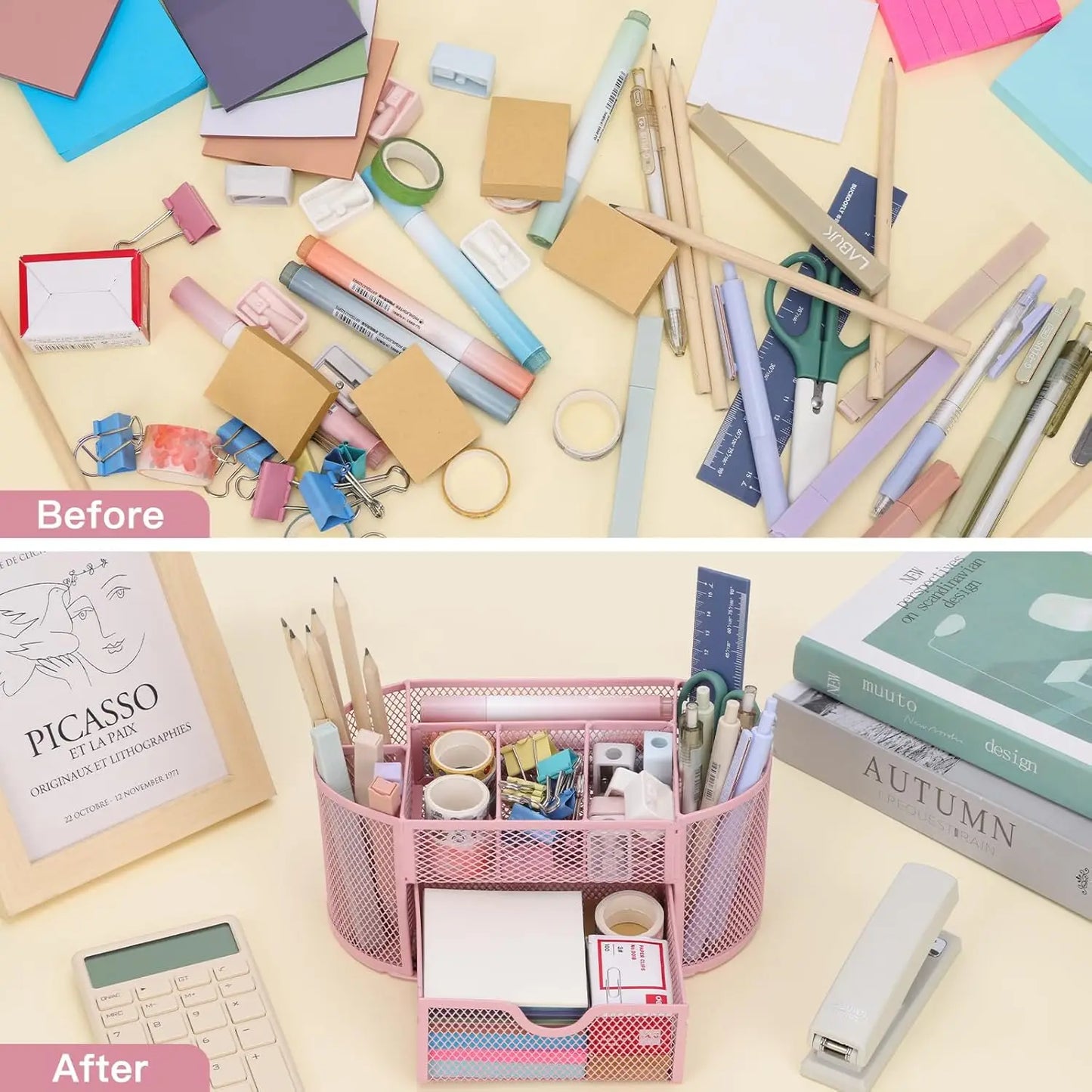 Desk Organizer | Pink Mesh 8 Compartments Drawer | 8.6 x 4.3 x 4.1 in