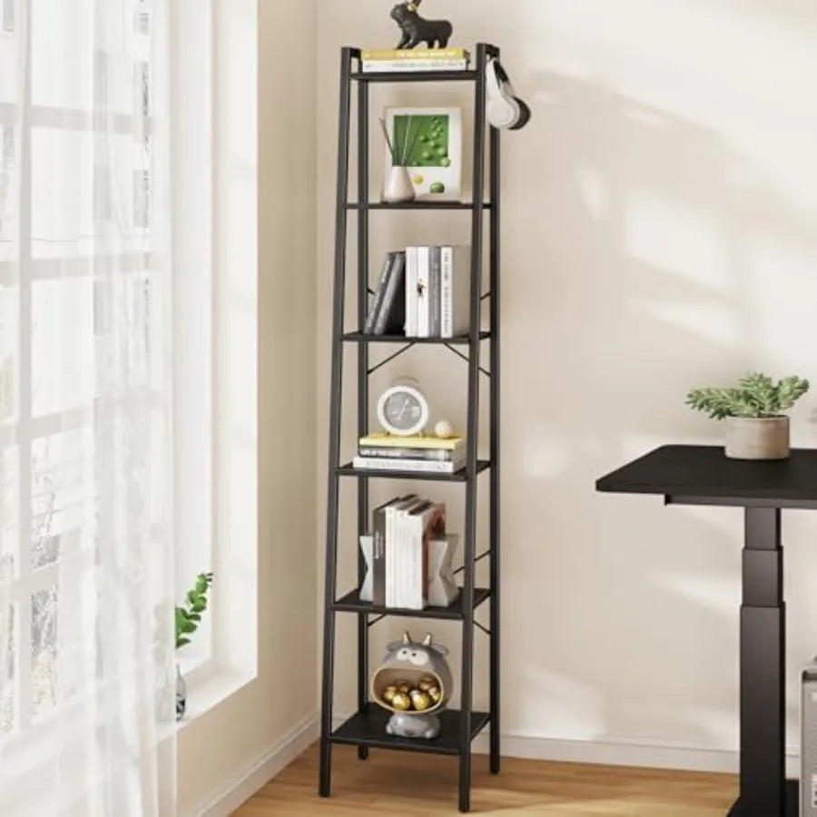 Ladder Shelf, Bookshelf Bookcase, Freestanding Corner Storage Shee with 2 Hooks for Home Office, Living Room, Kitchen, Bedroom, from PriceLows™