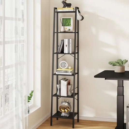 Ladder Shelf, Bookshelf Bookcase, Freestanding Corner Storage Shee with 2 Hooks for Home Office, Living Room, Kitchen, Bedroom, from PriceLows™