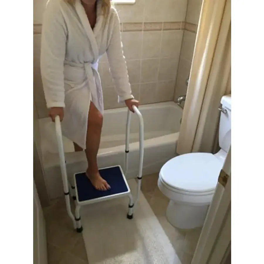 AdjustaStep tm DoubleSafe Deluxe Step Stool/Footstool with Dual Handle/Handrail, Height Adjustable. Modern White/Blue Design. P from PriceLows™