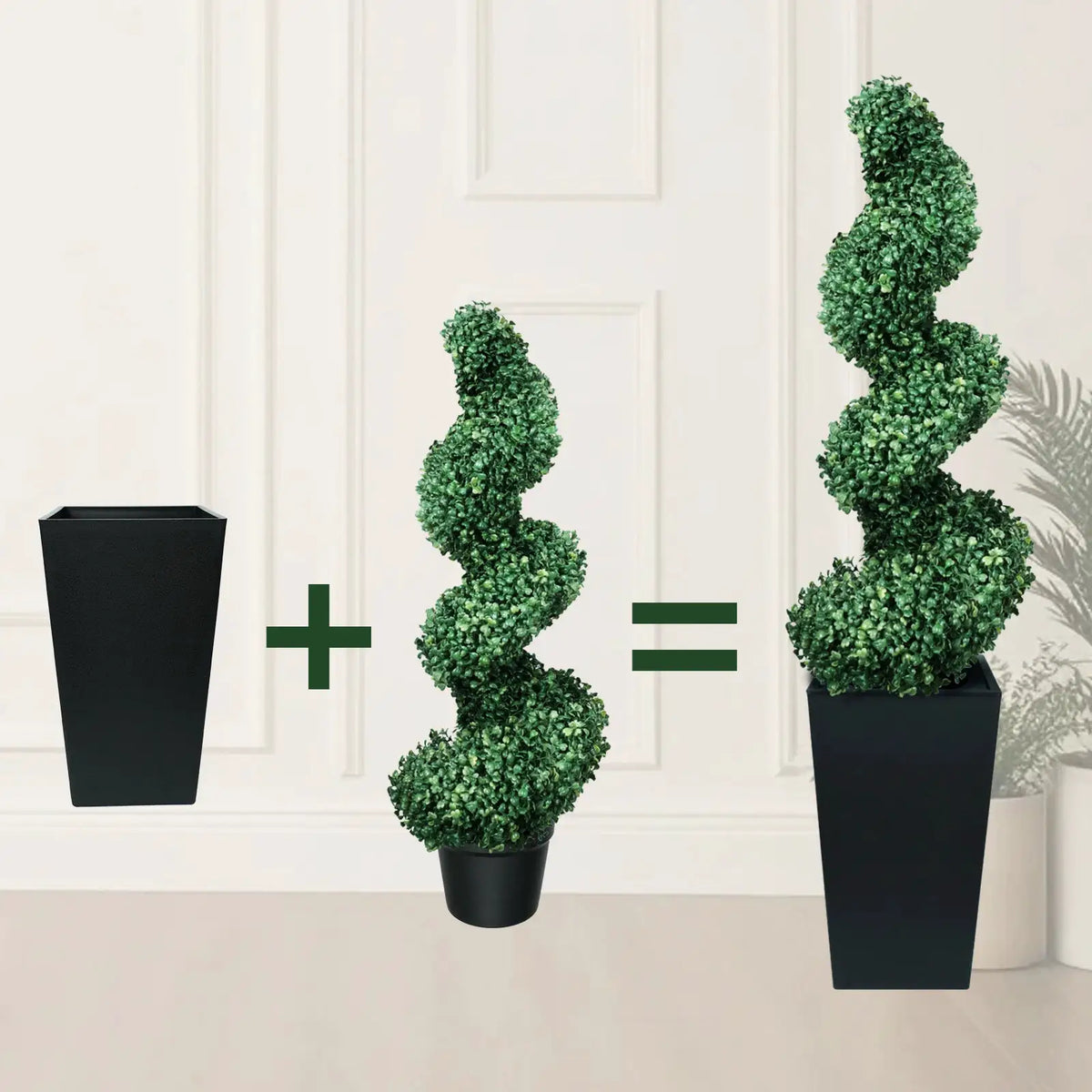 Artificial Boxwood Spiral Topiary | 2 Piece Set | With Planter | 2.6Ft-5.2Ft