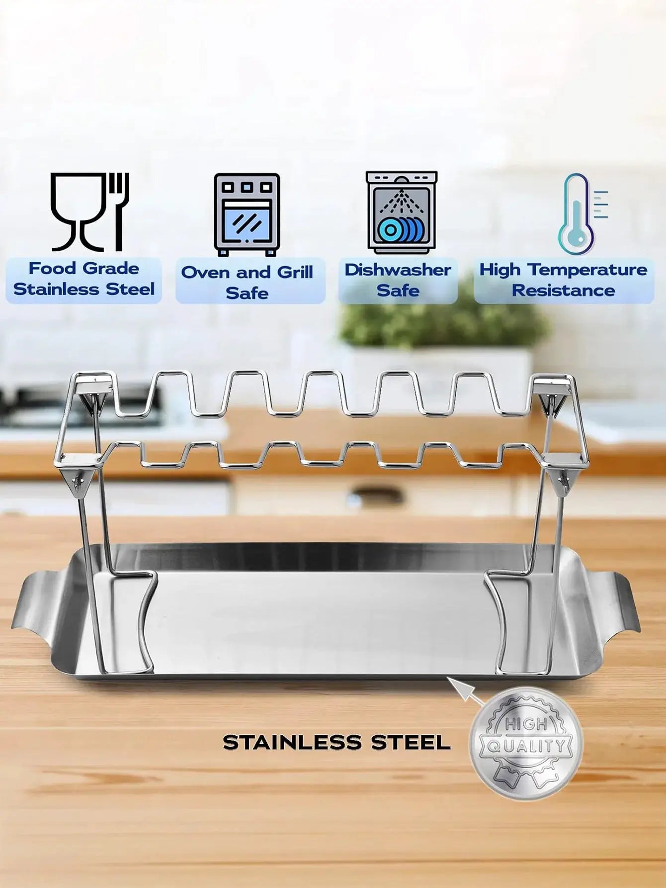 Chicken Leg Rack For Grill | 14 Slots | Stainless Steel | Drip Tray Included