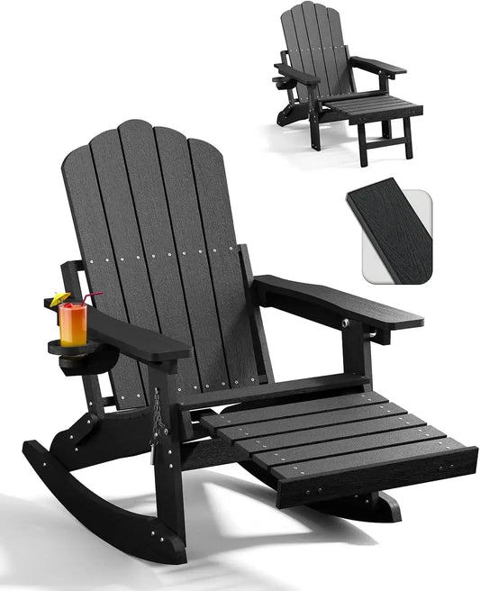 Adirondack Rocking Chairs with Retractable Ottoman & Cup Holders, 6-in-1 Folding HDPE Outdoor Rockers for Patio, Porch, Lawn from PriceLows™