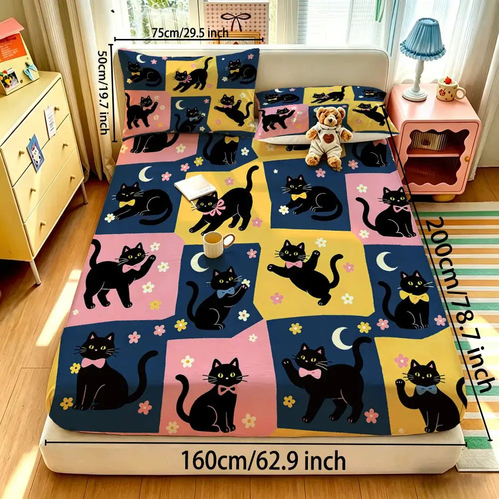 3pcs Cartoon Bear Kitten Printed Chipless Bed Sheet Set Multiple Sizes Soft Bed Cover Bedroom Bedding Decoration, Gift Bedding from PriceLows™