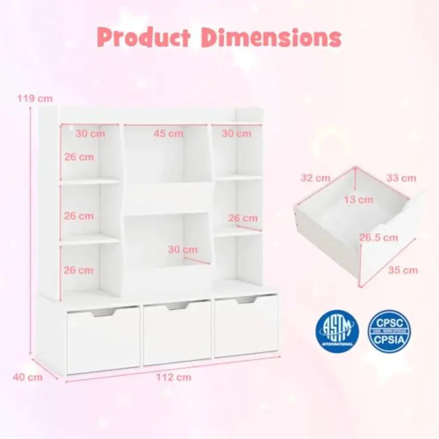 47 Toy Storage Organizer Large Bookcase with 3 Movable Drawers 8 Storage Cubbies Multi-Functional Bookshelf for Playroom Living from PriceLows™