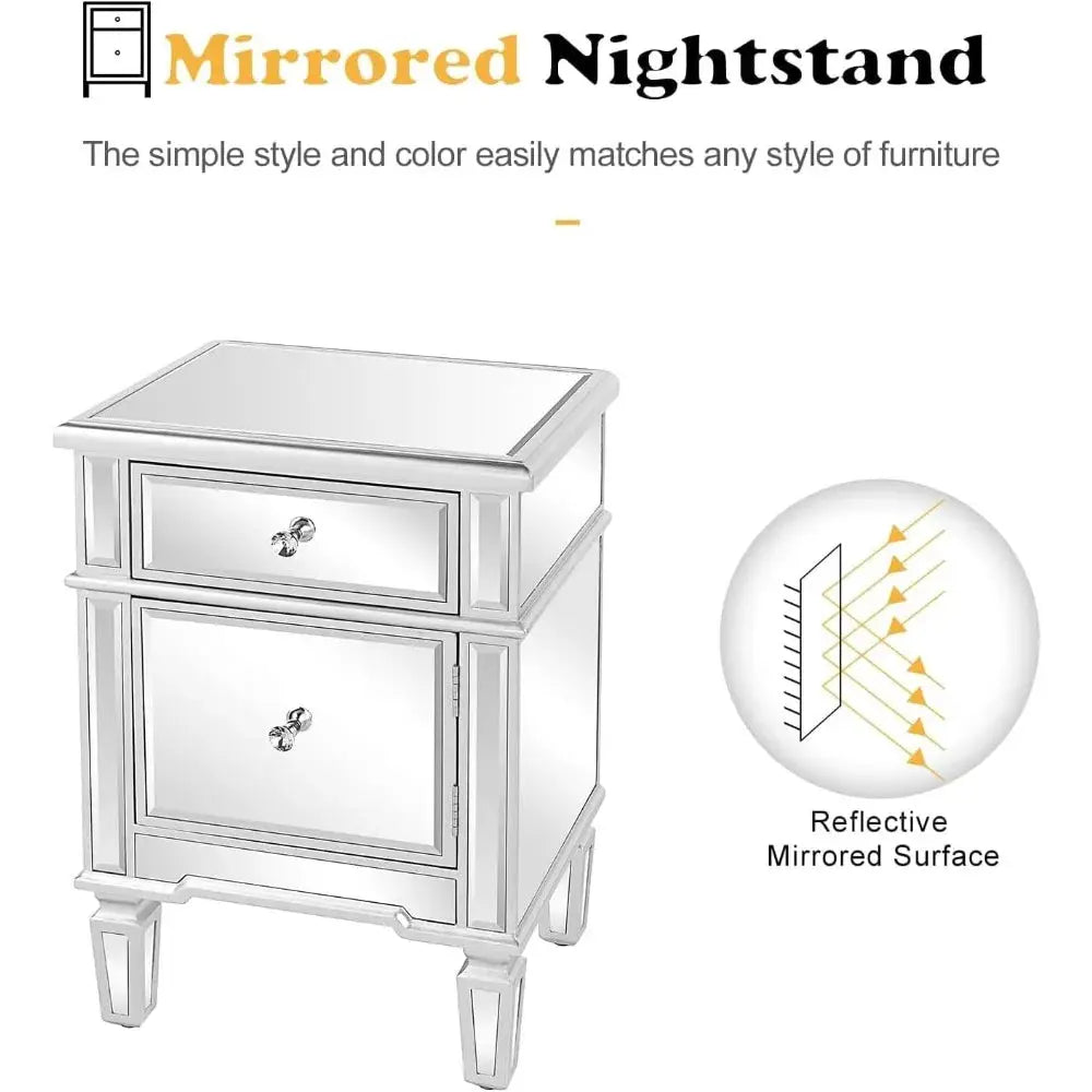 Nightstands Set of 2 Mirrored Side Tables Glass End Table with Drawer for Bedroom, Silver from PriceLows™