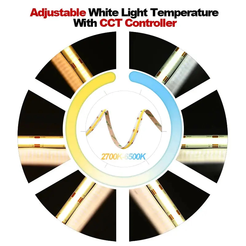 COB CCT LED Strip Lights 608 LEDs/m High Density Flexible Dimmable FOB Led Tape 2700K to 6500K Changeable Lighting DC12V 24V from PriceLows™