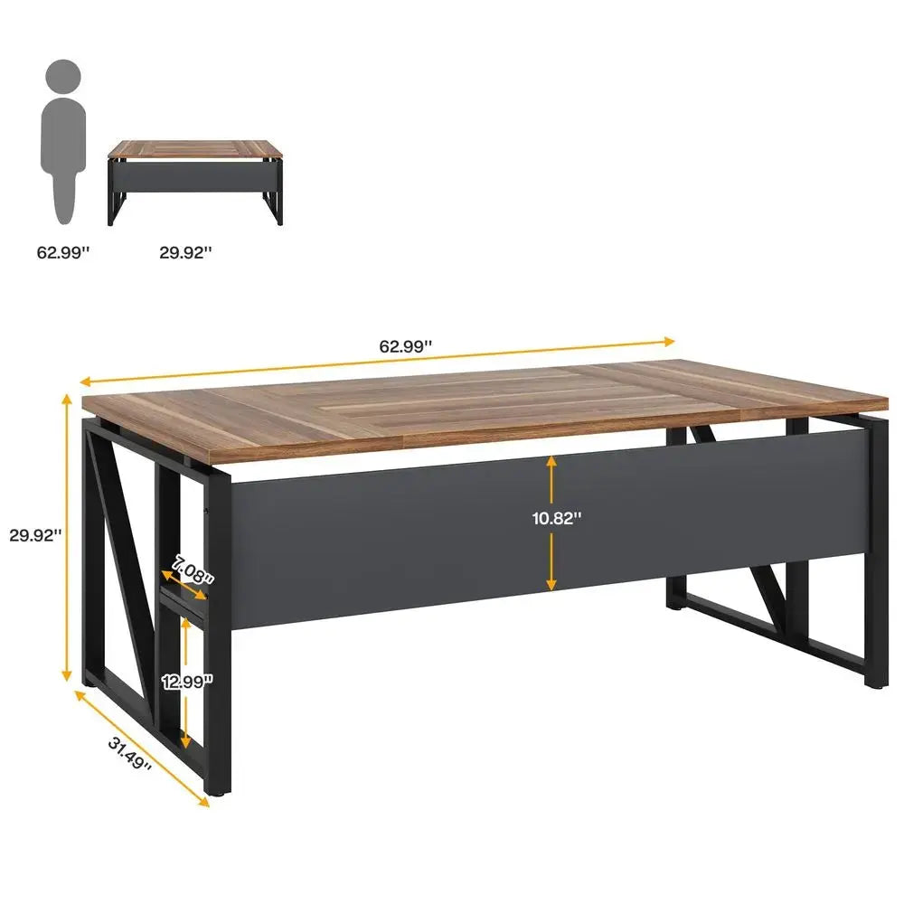 63 inches Computer Desk with Bottom Storage Shelf Home Office Desk Writing Table for Workstation, Dark Walnut Steel Leg, Cabine from PriceLows™