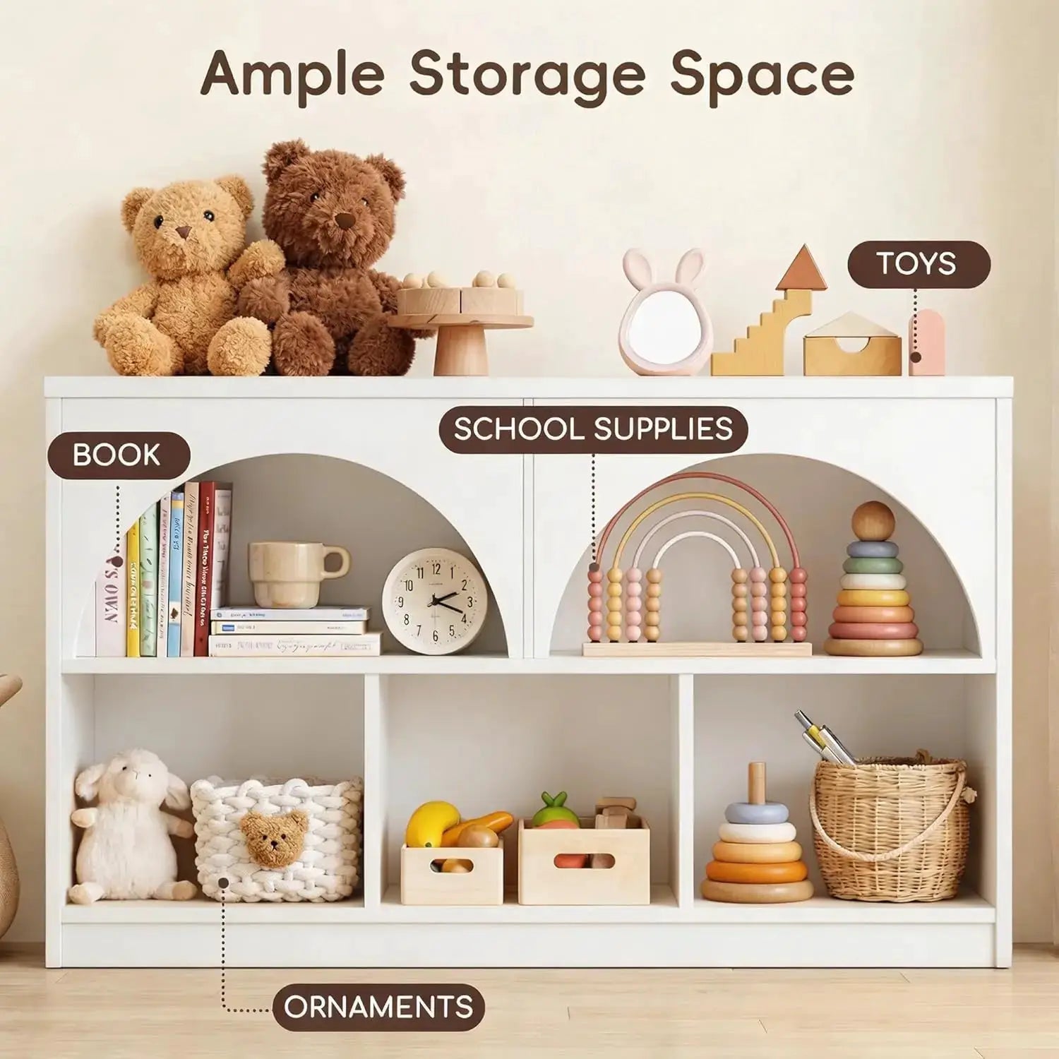 2-Shelf Arched Bookcase, Wooden Toy Storage Organizer, 5-Section Kids Bookshelf for Playroom, Nursery, White from PriceLows™