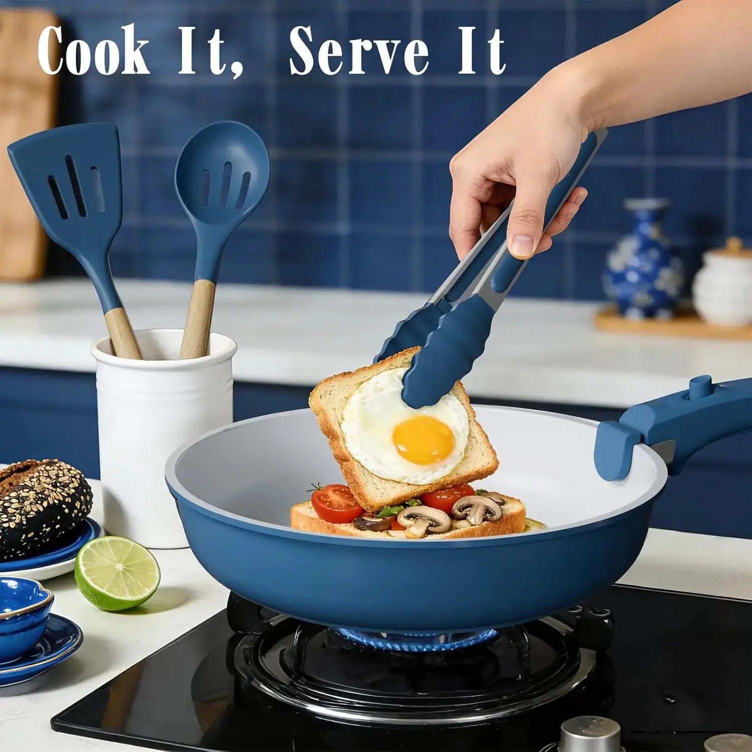 Non Stick Pots and Pans Set, 21 Pcs Ceramic Cookware with Detachable Handles, Induction Ready, Oven Safe, PFAS & PFOA Free, Navy from PriceLows™