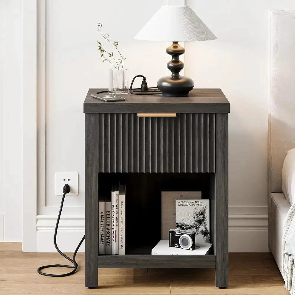 2-Piece Grey Charging Station Nightstands with Storage for Bedroom from PriceLows™