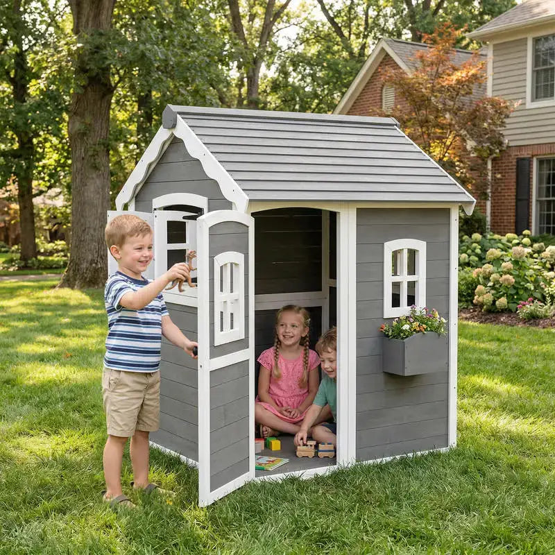 Outsunny Outdoor Wooden Playhouse for Kids with Floor, Door, Windows, Planter Box for 3-8 Years Old, Backyard, Lawn, Garden from PriceLows™