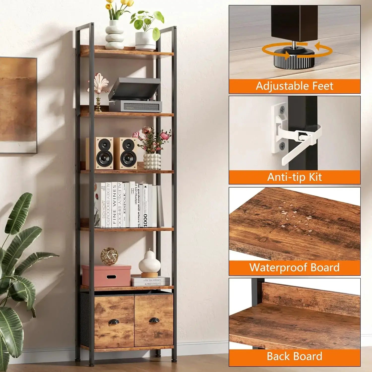 71" Rustic Brown 6-Tier Bookcase with 2 Drawers, Industrial Wood and Metal Storage Shelf for Home Office and Bedroom from PriceLows™