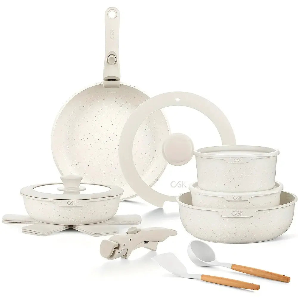 17 Piece Nonstick Skillet and Saucepan Set with Silicone Lid and Utensils Induction, Detachable Handle, Oven Available, Beige from PriceLows™