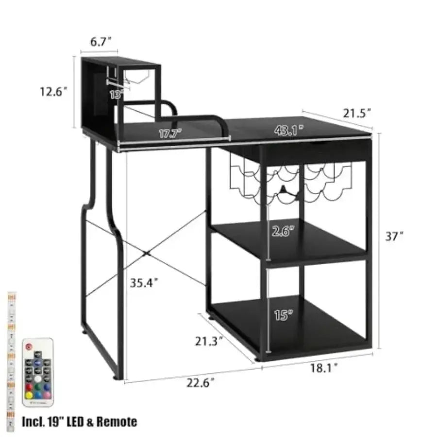 Wine Bar Cabinet with Mini Fridge Space and Pull-Out Drawer for Dorm Living Room Kitchen, Black Metal Wood, LED Light, Whiskey from PriceLows™