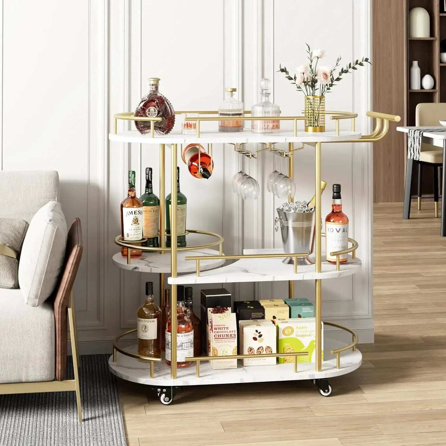 Gold Bar Carts with 4-Tiers Storage Shelves Mobile Bar Seving Carts On Wheels with Wine Rack and Glass Holder for Kitchen from PriceLows™