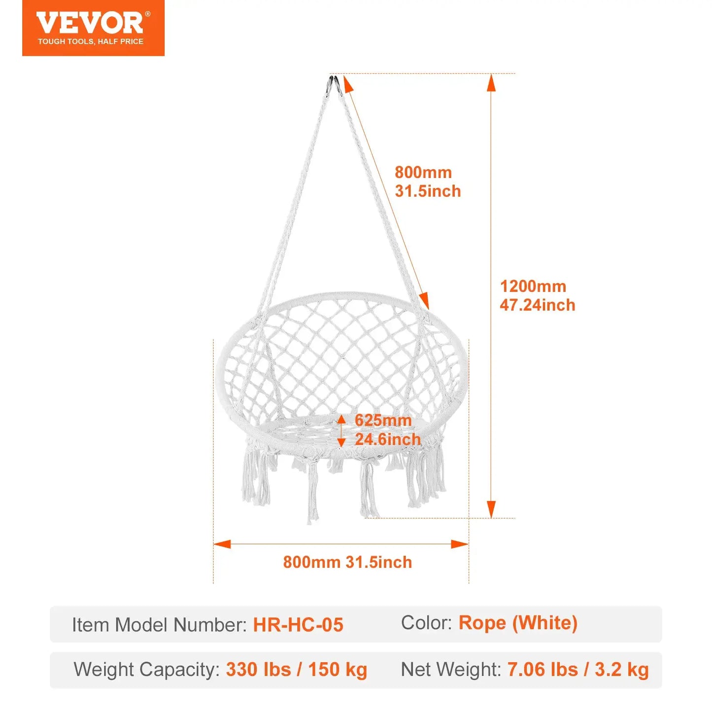 SucceBuy Hanging Hammock Swing Chair 330lbs Macramé Hanging Chair Cotton Rope Swing Chair for Bedroom Balcony Patio Garden White from PriceLows™