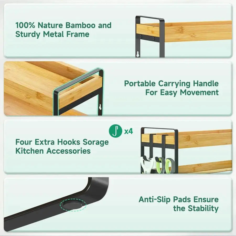 Spice Seasoning Rack Organizer Kitchen Countertop, 4 Tier Bamboo Spice Shelf Holder Storage with 4 Hooks, Wall Mounted Freestand from PriceLows™