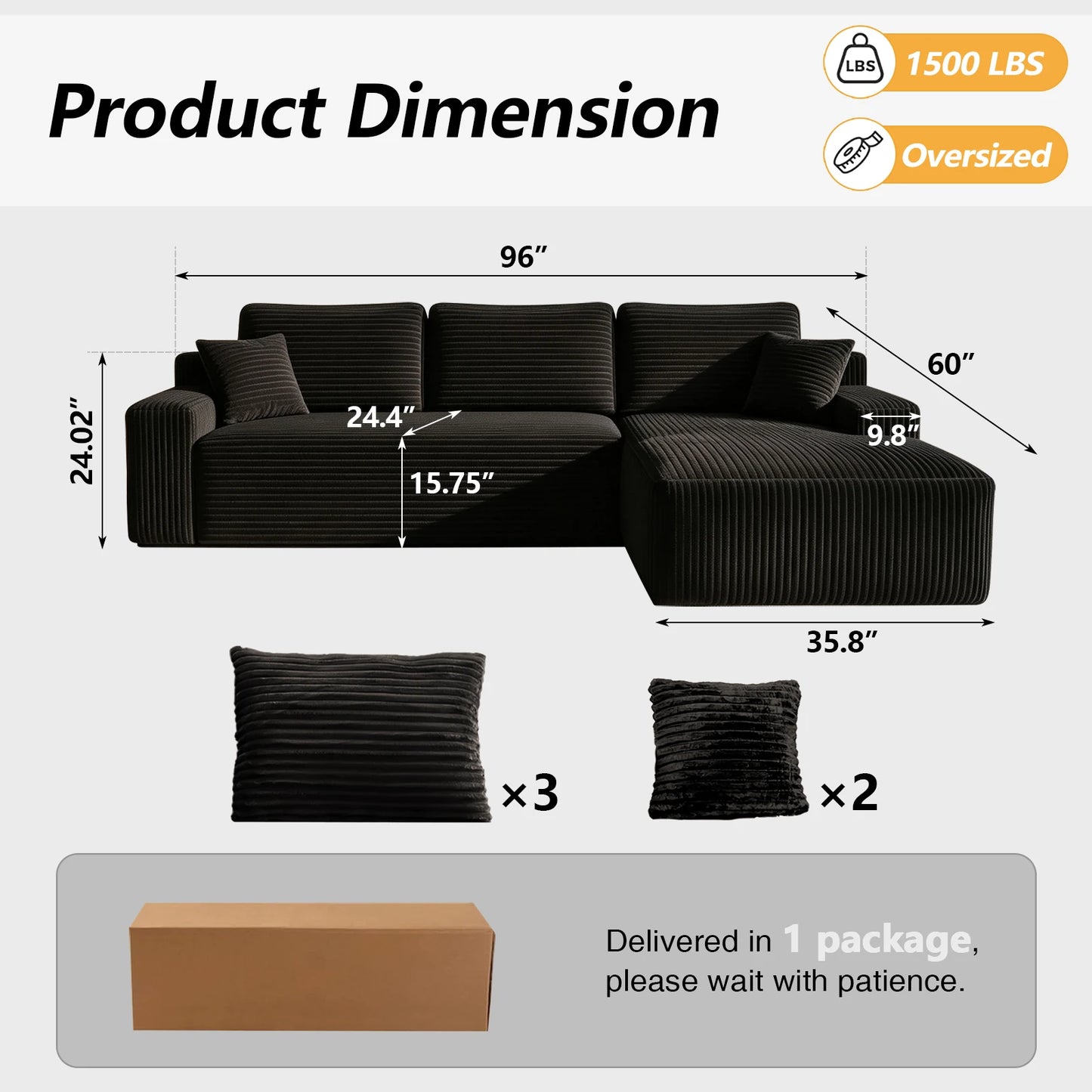 Sectional Sofa | L-Shaped With Chaise | No Assembly Required | 2000-2400mm Width