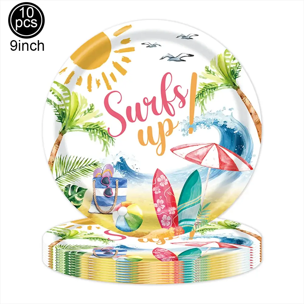Surf Beach Party Tableware | Paper Plates Napkins Cups | Tattoos And Snack Tray