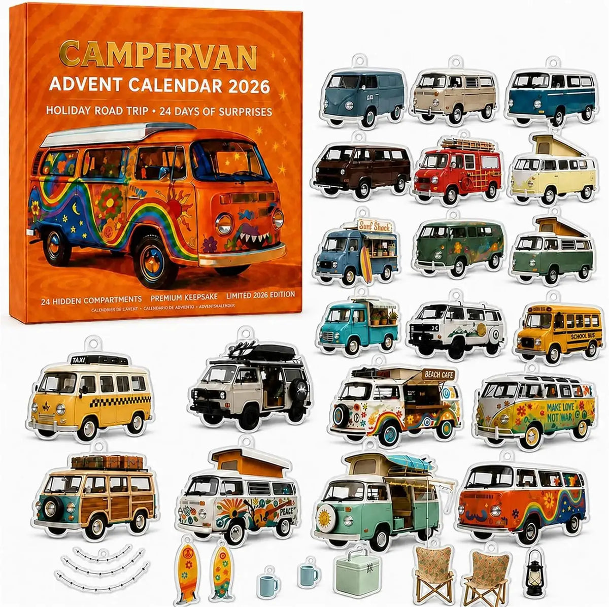 Campervan Advent Calendar | 24 Open Flaps | Vintage Prints | Desktop Stand