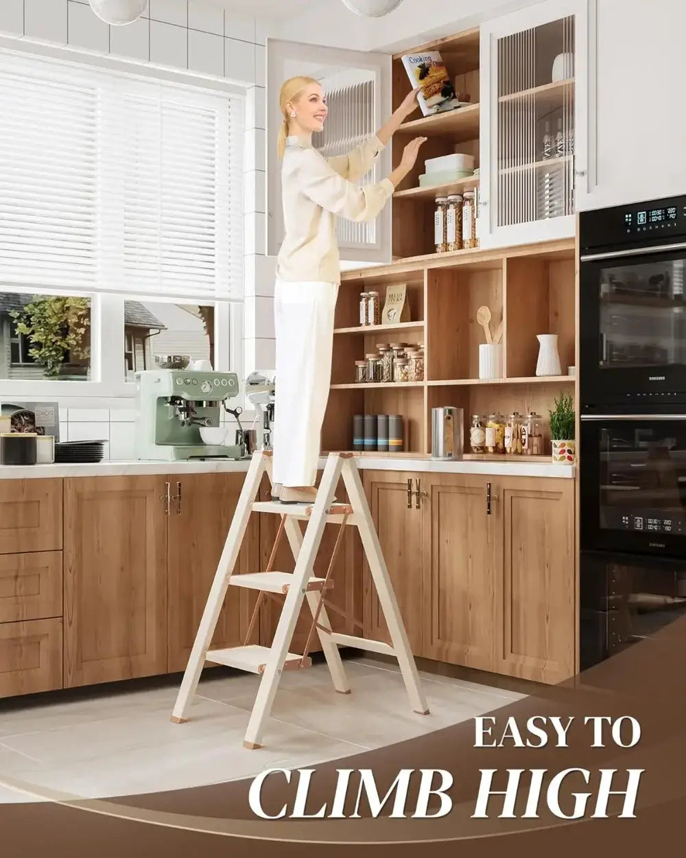 3 Step Ladder, Folding Step Stool with Wider Pedal, Anti-Slip Feet & Strips, Aluminum, 300Lbs Capacity, Cream Chocolate from PriceLows™