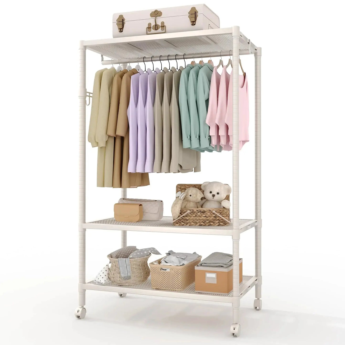 Rolling Clothes Rack for Hanging Clothes, Garment Rack with Storage Shelf and Side Hooks, Clothing Rack for Bedroom, Living Room from PriceLows™