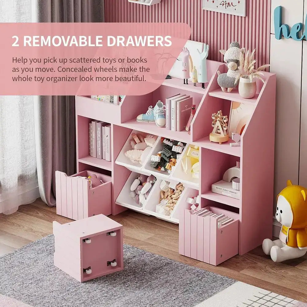 Multi-Tier Wooden Bookshelf with Storage Bins and Anti-Tip Feature, Ideal for Rooms and Play Areas from PriceLows™