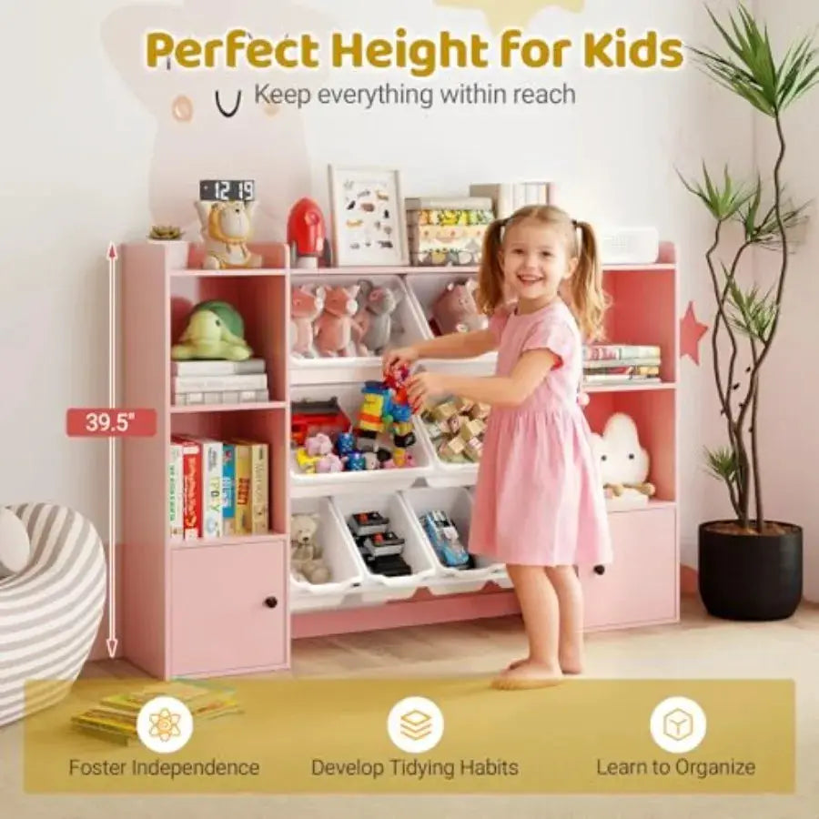Toy Storage Organizer with 8 Bins Wooden Toddler Bookcase with Open Shelves Cabinet in Natural Wood Color Multifunctional Toy S from PriceLows™
