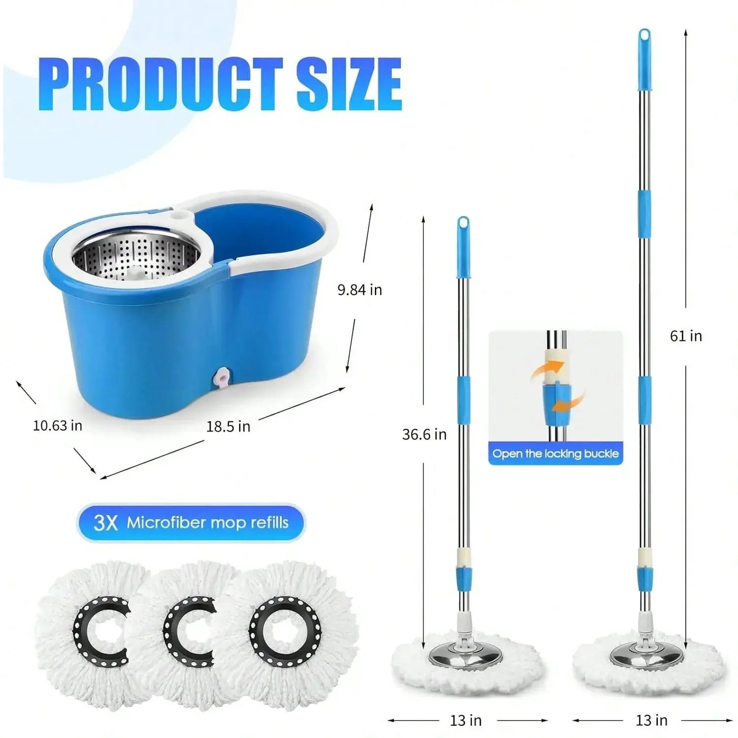 Spin Mop Bucket Set with Soap Dispenser 360°Rotating 2 Microfiber Heads 61" Adjustable Stainless Steel Handle 20QT Floor Cleaner from PriceLows™