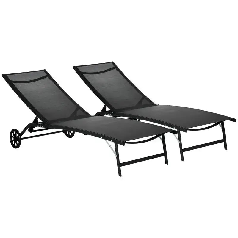 Chaise Lounge Outdoor, 2 Piece Lounge Chair with Wheels, Tanning Chair with 5 Adjustable Positions for Patio, Beach, Yard, Pool, Black from PriceLows™