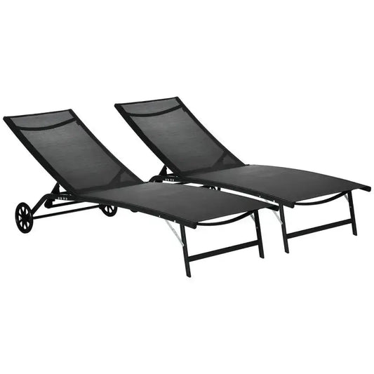 Chaise Lounge Outdoor, 2 Piece Lounge Chair with Wheels, Tanning Chair with 5 Adjustable Positions for Patio, Beach, Yard, Pool, Black from PriceLows™