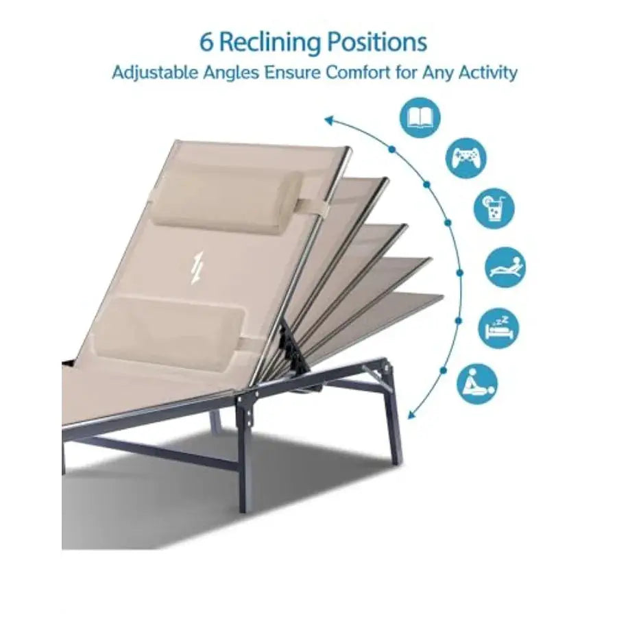 Outdoor chaise lounge chair for poolside, beach, patio use; khaki fabric; foldable, assembly-free design with cup holder, detac from PriceLows™
