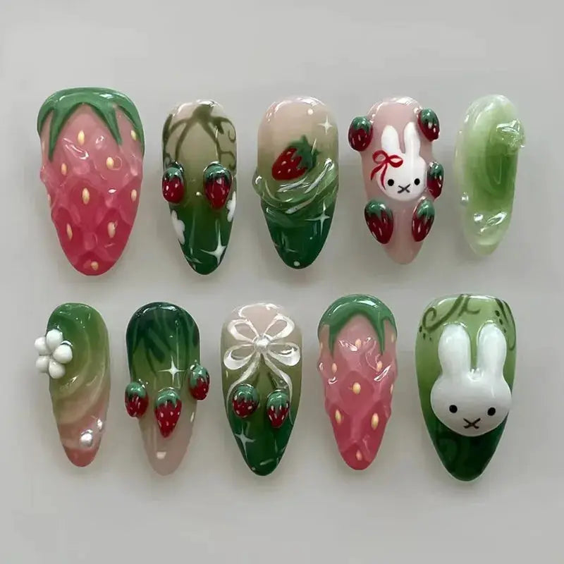 Press On Nails | Almond Shape | Green Lotus Frog Design | 24 Piece Kit